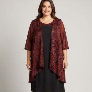 Catherines 1X Two Piece Dress Sheer Cover Set Black Red Layered Outfit